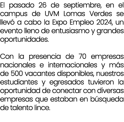 El pasado 26 de septiembre, en el campus de UVM Lomas Verdes se llev a cabo la Expo Empleo 2024, un evento lleno de ...