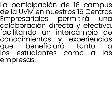 La participaci n de 16 campus de la UVM en nuestros 15 Centros Empresariales permitir una colaboraci n directa y efe...